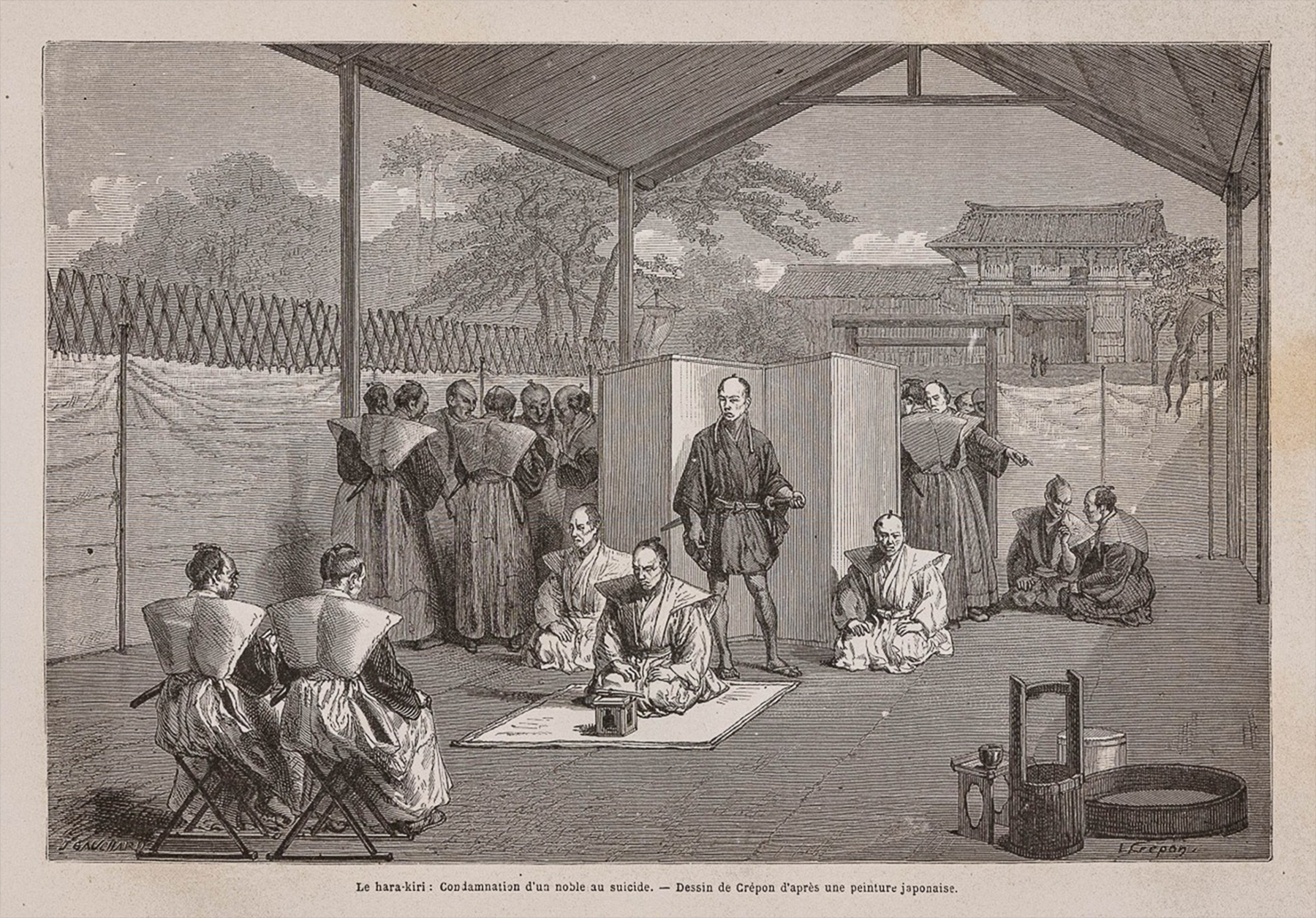 1867 Crépon-illustrasjon av en samurai som utfører seppuku